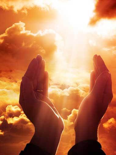 hands receiving, beautiful clouds and rays of sunlight